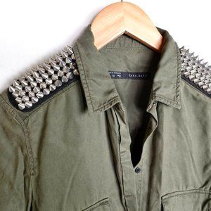 ZARA stud/studded shoulder army green, olive green button down shirt